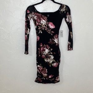 Windsor metallic roses bodycom mesh sheer sleeves mini dress SZ Small NWT